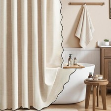 Beige Scalloped Shower Curtain Boho Linen Textured Heavy Duty Shower Curtain Set