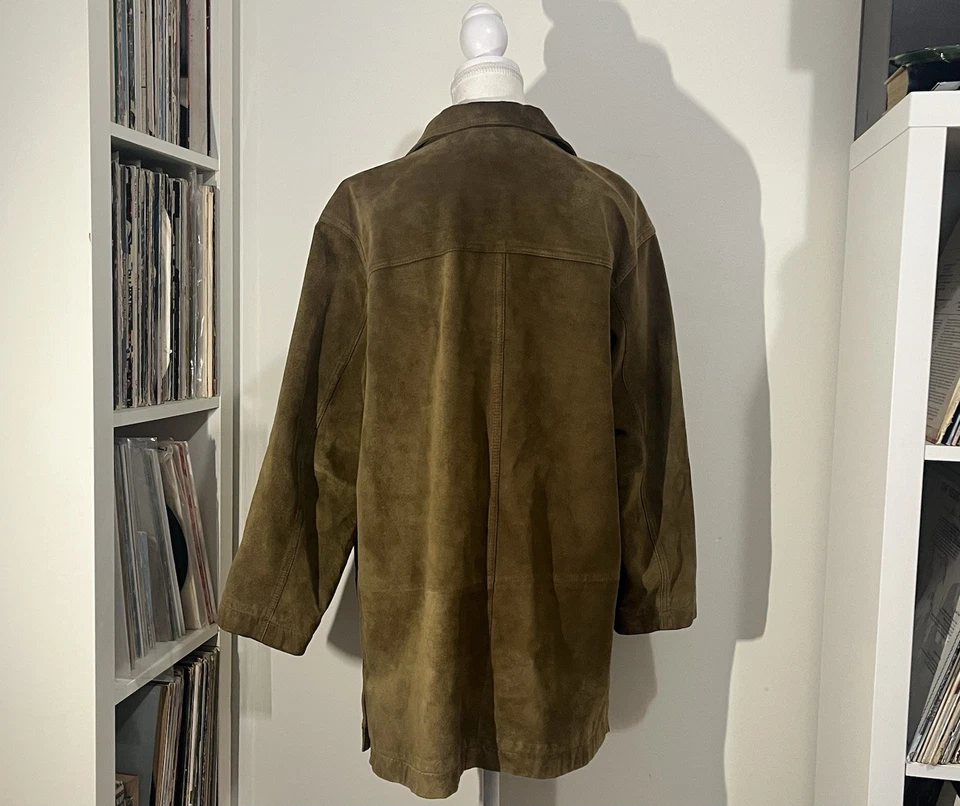 De Colección 90’s Jones New York Verde Oliva Gamuza Cuero Trench Coat Chaqueta Mujer’s S Foto 2 de 4