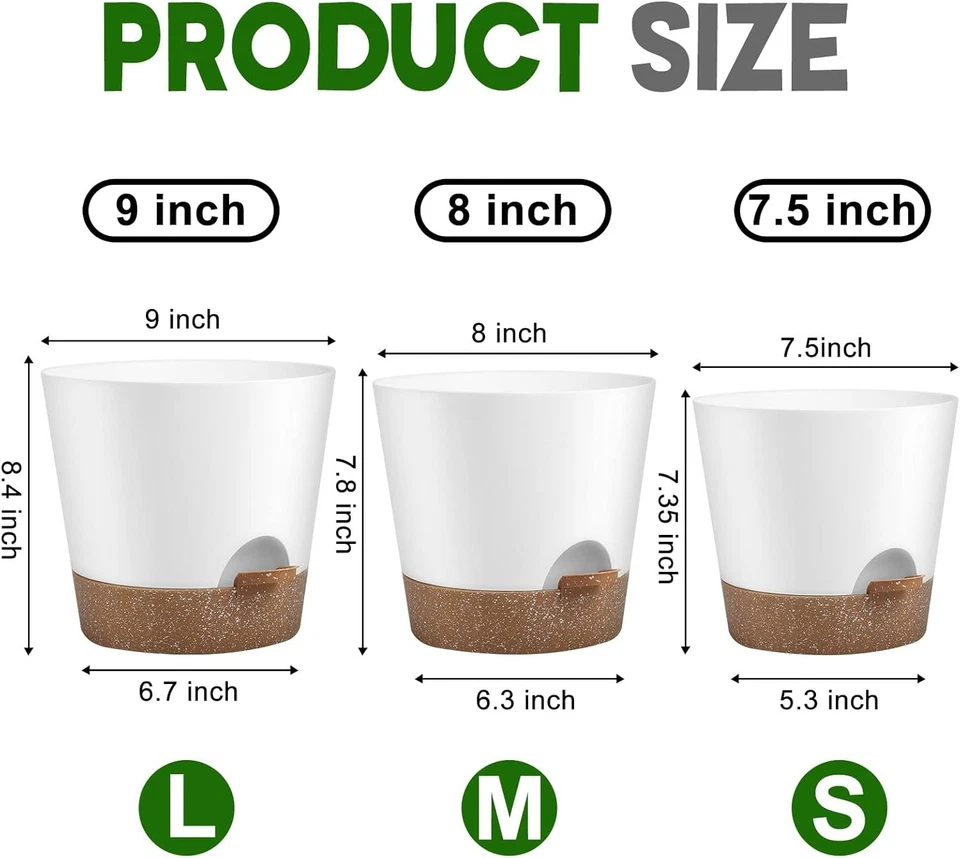 Modern Self-Watering Plant Pots with Drainage, 3-Pack - Sizes 9, 8, 7.5 Inches - Image 4 of 4