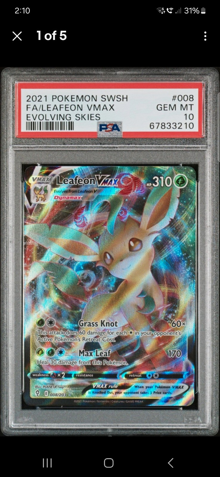 Pokémon 2021 Leafeon VMAX 008/203 Evolving Skies Full Art Holo PSA 10