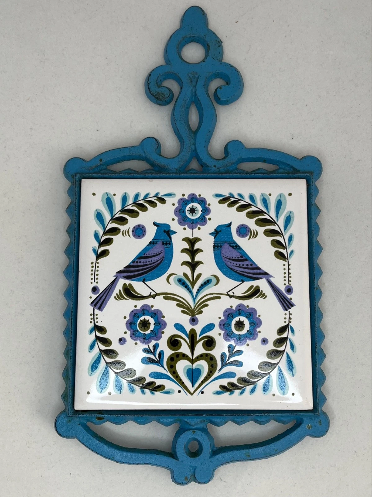 Vintage Cherry Japan Ceramic Tile Cast Iron Trivet Bluebird Folk Art MCM 1970s - product detail image 1