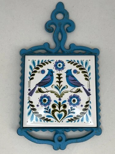Vintage Cherry Japan Ceramic Tile Cast Iron Trivet Bluebird Folk Art MCM 1970s - product listing photo