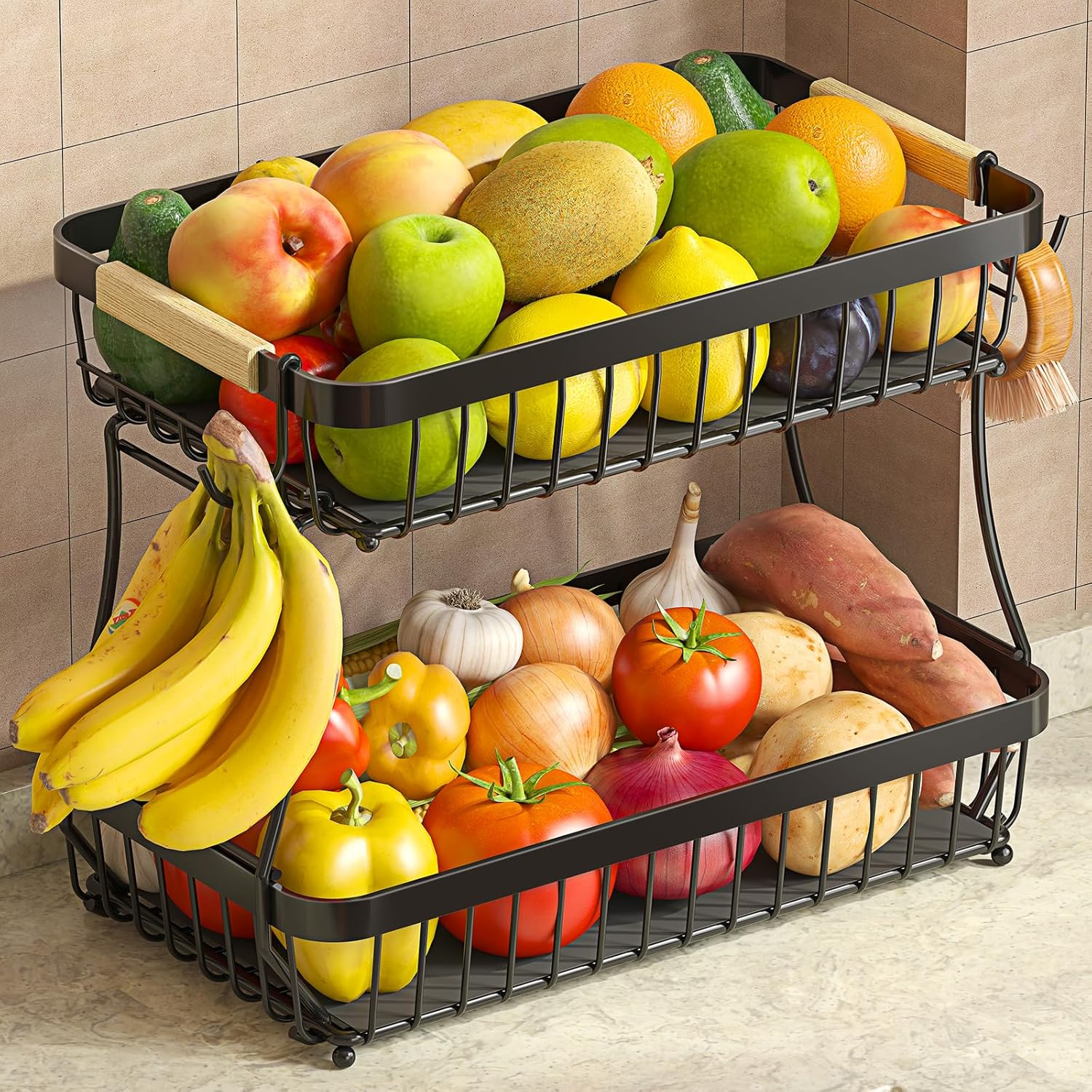2 Tier Large Fruit Basket for Kitchen Counter with 2 Mobile Banana Hangers
