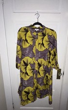 ZURI Kenya L large Walking on Sunshine Yellow Brown Print 3/4 Slv Shirt Dress