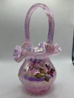 Vintage Fenton French Pink Opalescent Rib Optic Hand Painted Daisy Basket Signed