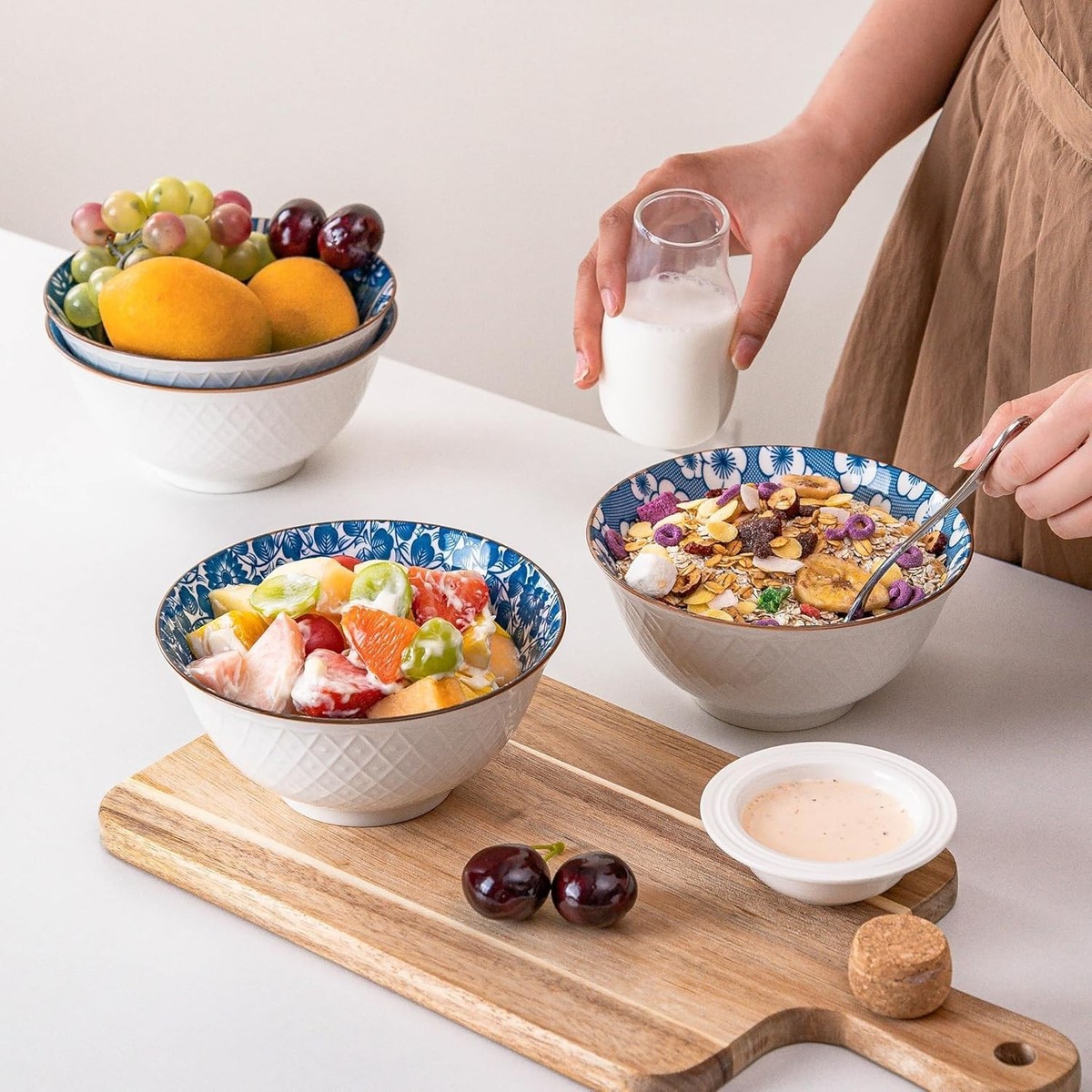 Ceramic Cereal Bowl Set of 6, 24 oz Kitchen Deep Soup Bowl
