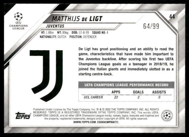 2021-22 Topps UEFA Champions League #44 Matthijs de Ligt Icy Blue Foil - Image 2 of 2