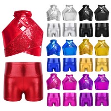 US Girls Metallic Competition Crop Top Short Festival Sequin Themed Event Set