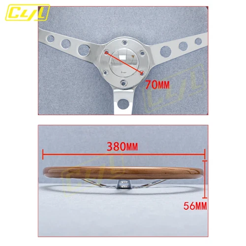 15inch 380mm Wood Classic Steering Wheel PCD 70mm Silver Spoke Solid Wood - Picture 4 of 6