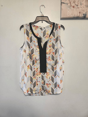 Cabi Chevron Leopard Floral Grosgrain Sleeveless Tunic Shell Top Shirt 249 M