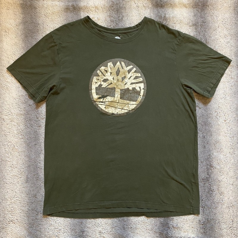 Timberland Tree Logo Tee Shirt Mens XL Green Cream Brown Logo