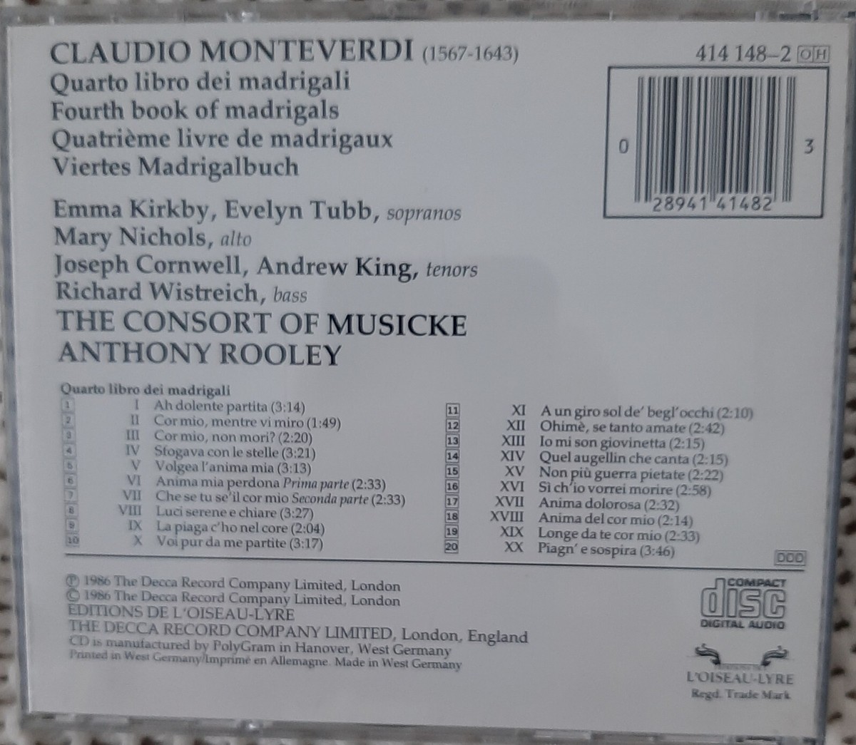 Monteverdi: Quarto libro dei madrigali / Anthony Rooley (CD, L 