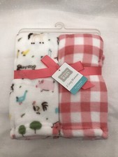 Hudson Baby Cozy Blankets 2 Pack Animals Pig Horse Rooster Pink Plaid Girls NEW