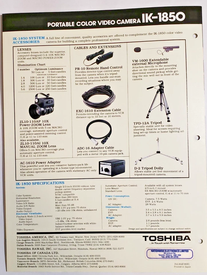 Folleto de cámara de video Toshiba IK-1850 color folleto de ventas de cámara de video Foto 4 de 4