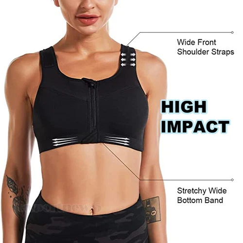 Plain Zipper Women Front Closure Sports Bra Racerback Yoga Gym Bra Size S-5XL - Picture 9 of 27