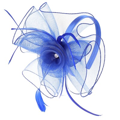 Fascinator Da Donna Con Fiore In Rete, Piume E Perline - Cappello Tea Party Blu Navy Con Fascia E Clip - 3