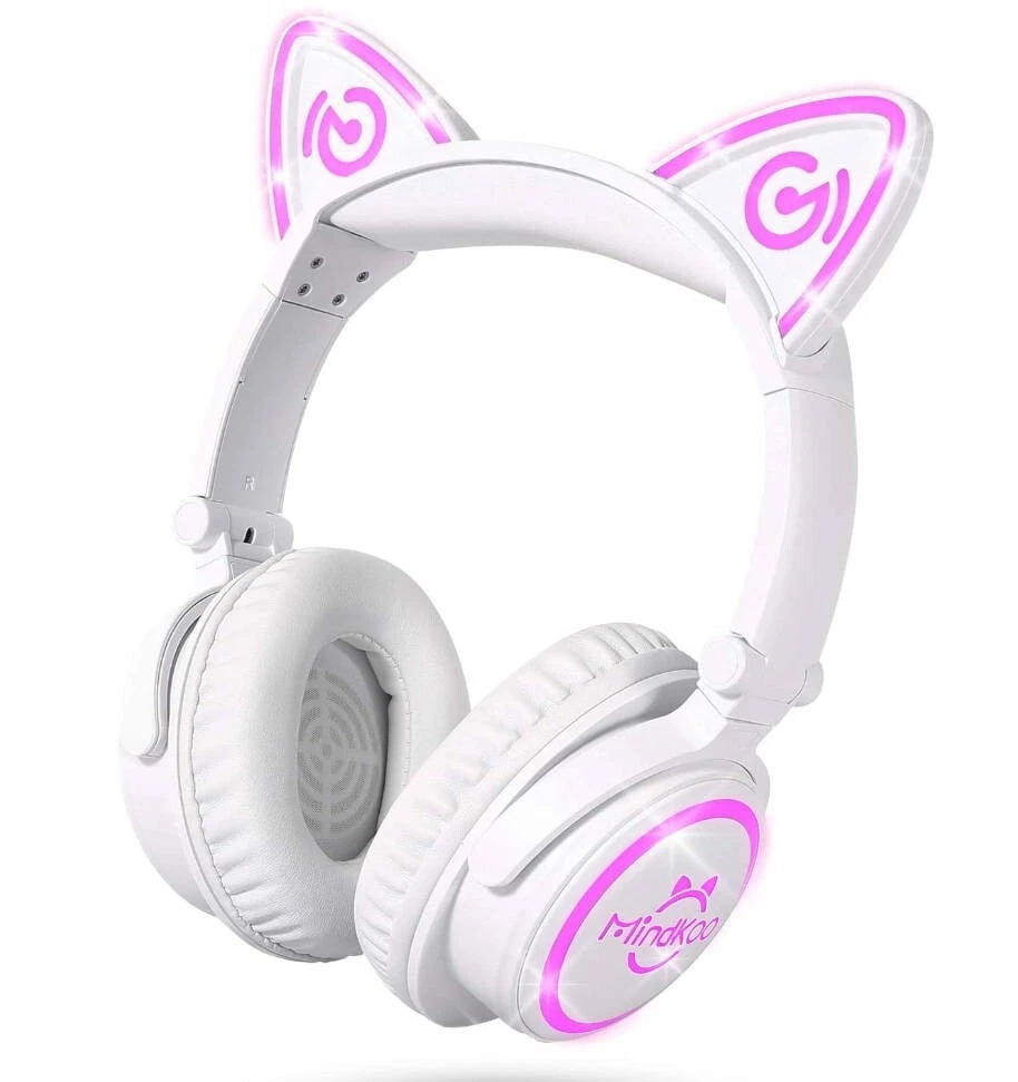 White Pink Cat Over Ear Bluetooth Headphones with Mic. LED Light