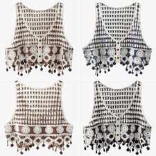Gilet Femme Ethnique Polochon Débardeur Sans Manches Maille Crochet Franges