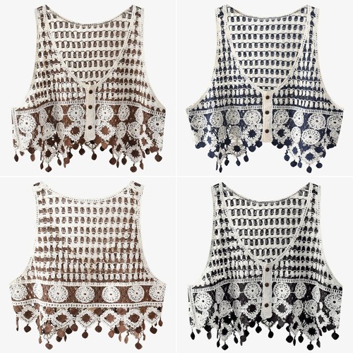Lady Gilet Waistcoat Vest Tank Tops Sleeveless Knitted Crochet Fringe Loose - Picture 2 of 27