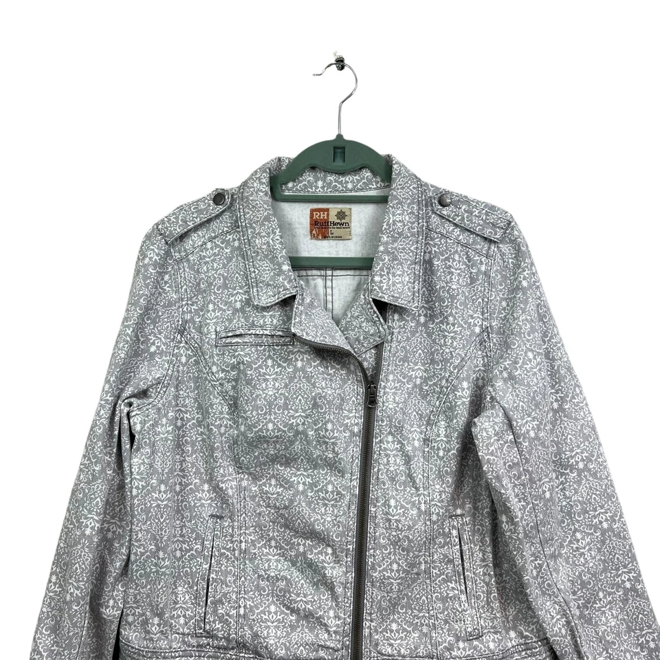 RuffHewn Womens Floral Denim Jean Jacket CollaredAsymmetric Zipper Pockets Sz L - Image 2 of 4