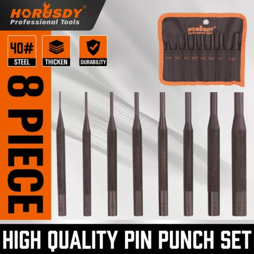 HORUSDY 8Pc Long Pin Punch Set Anti-Slip Sleeve 1/16" - 5/16" SAE with Pouch
