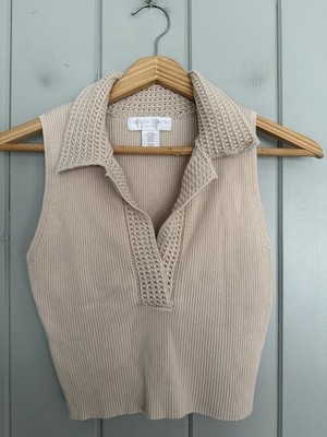 Caroline Constas Knit Tank Top XS Cream Sleeveless Cropped Collar