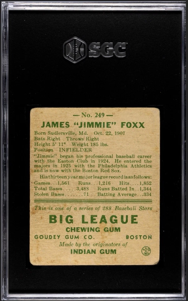 1938 Goudey Heads Up Jimmie Jimmy Foxx #249 SGC 1 Foto 2 de 2