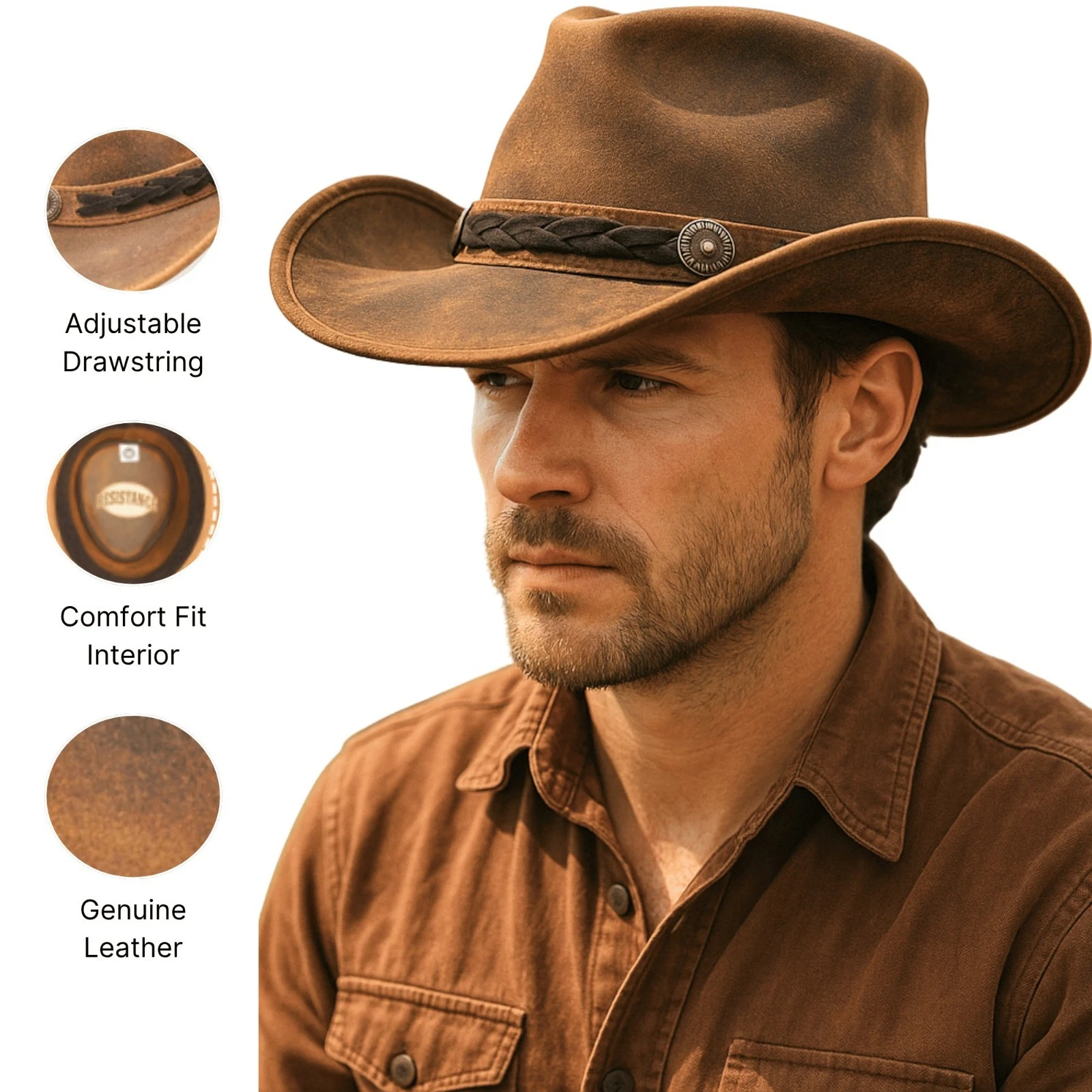 Men and Women Brown Genuine Leather Cowboy Western Hat