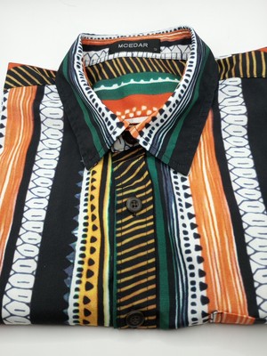 MCEDAR Men's Small Colorful Geometric Striped Shirt Short Sleeve Polyester 