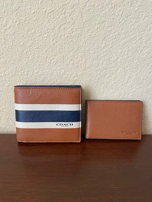 COACH MENS COMPACT ID WALLET IN VARSITY CALF LEATHER SADDLE F75086
