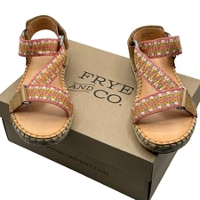 Frye and Co. Size 7.5 Kole Asymmetrical Sandal Espadrille Wedge Peach/Multi