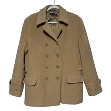 Halston Tan Khaki Wool Blend Double Breasted Pea Coat Size 12 Old Money Classic