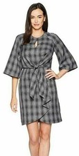 Tahari ASL Dress Womens Size 10 Black Gray Check Front Tie A-line Career NWT