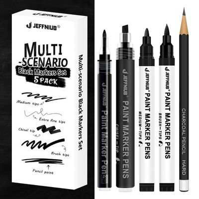 Black Art Markers 5 PCS Acrylic Paint Brush Pen Fineliner Different Tips Set