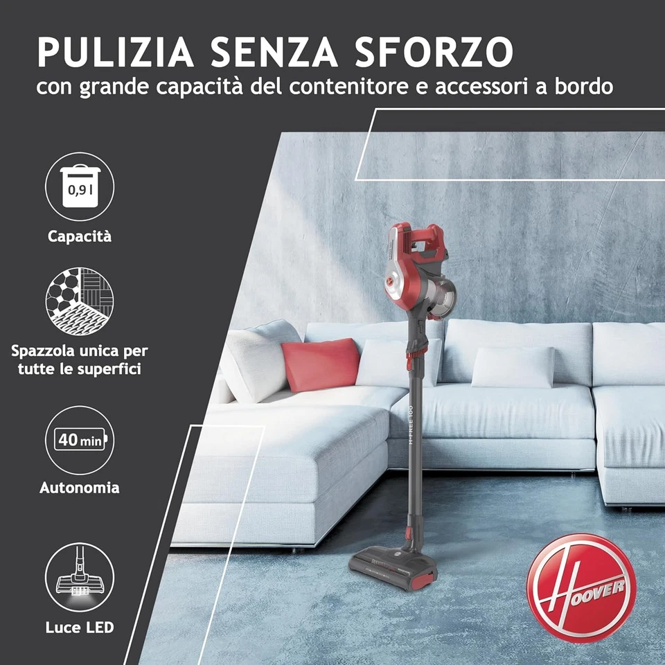 Hoover HF122RH 011 0,9L Scopa Elettrica Senza Filo - Argento/Rosso - Immagine 2 di 4