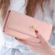 Classic Argyle Embroidery Wallet Women Folding Long Money Clip Clutch Bag pink