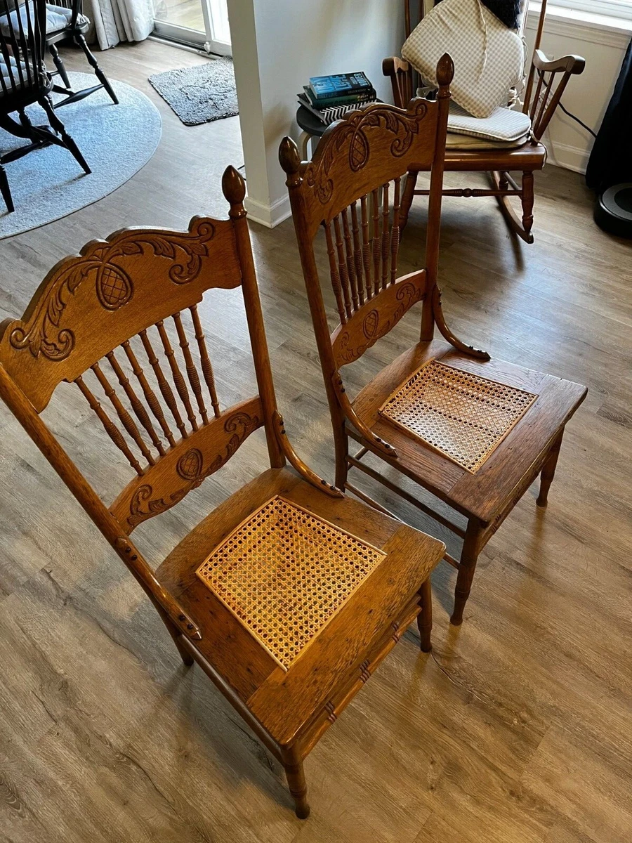 Antique Oak Pressed Back Chairs Set Of 2 Circa Early 1900