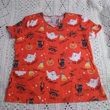 Womens Orange Halloween Ghost Cat Spider Scrub Shirt Size L Healthcare Worker