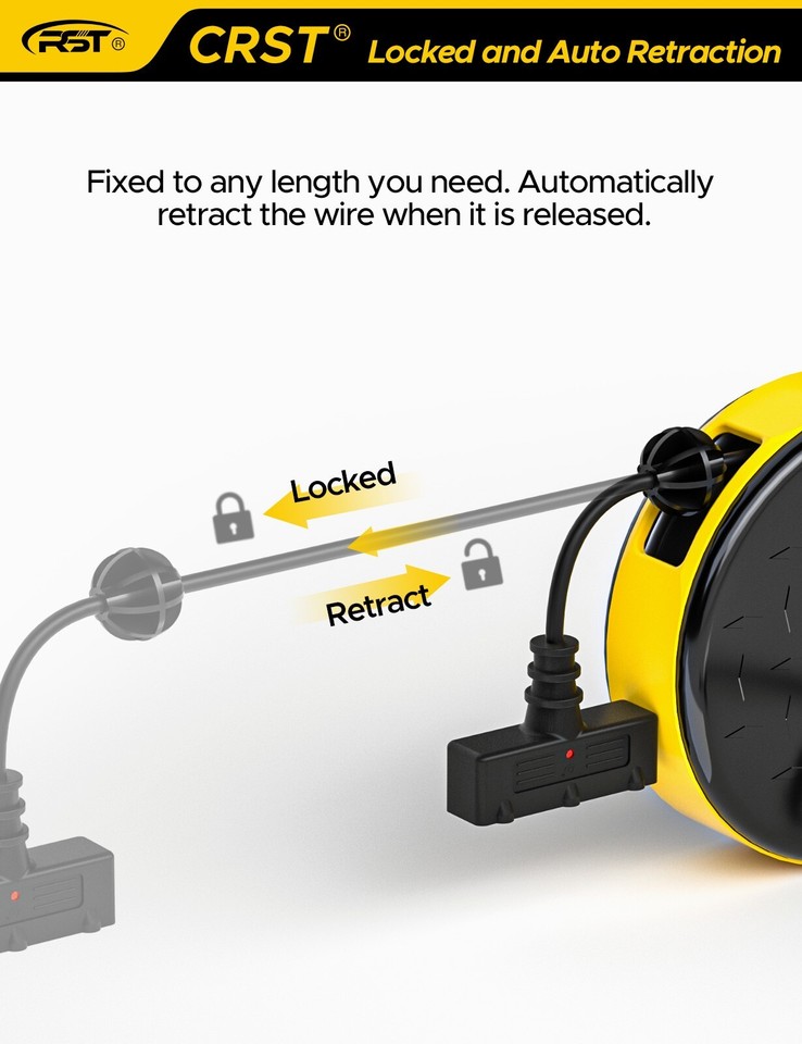 30 FT Retractable Extension Cord Reel 16AWG w/Adjustable Cable Stopper