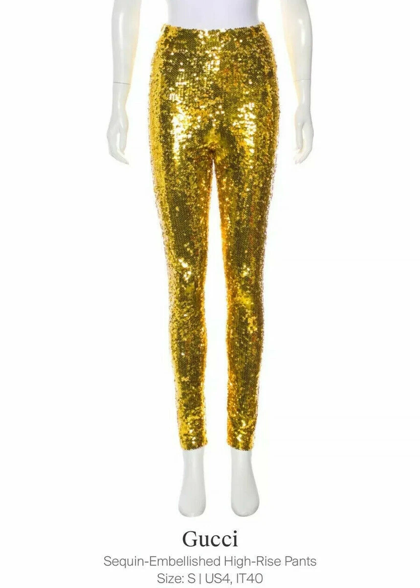 Gucci Sequin Embellished Tulle Gold High Rise Runway Leggings
