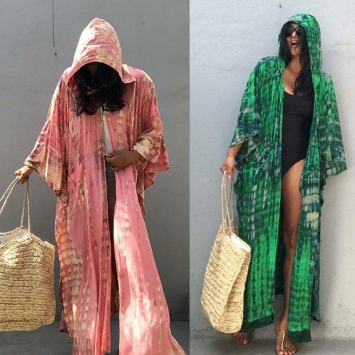 Women Tie-Dye Print Hooded Kimono 