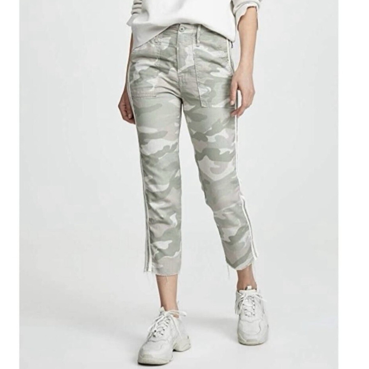 Mother Camo Racer Stripe Fringe Hem Cream Green Straight Leg