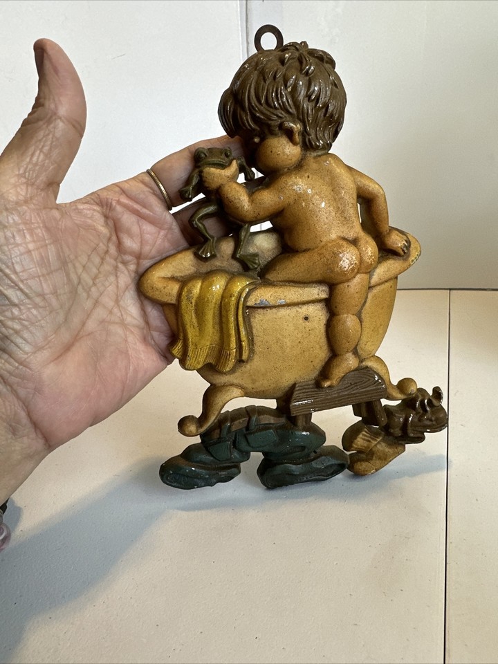 Sexton 1975 Cast Metal Wall Hanging Art Little Boy & Frog Taking A Bath Tub USA eBay