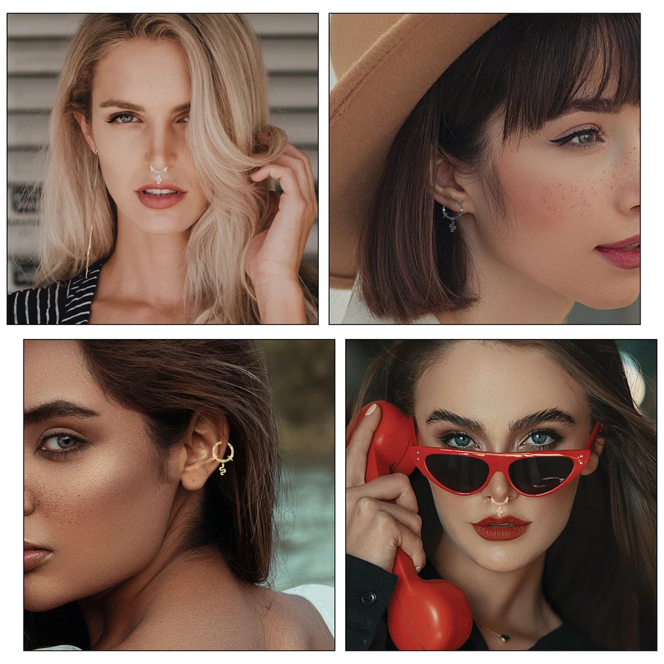 Steel Hinged Nose Ring CZ Dangle Septum Clicker Earrings Daith Hoop Piercing 16G - Image 2 of 4