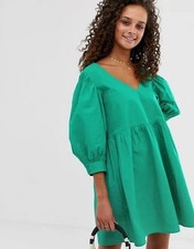 Asos Women Size 8 Green Cotton Babydoll Tiered Mini Dress Preppy Game Day Fairy