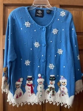 VINTAGE MICHAEL SIMON NWOT XL SNOWMAN BEADED SNOWFLAKE PERFECT CARDIGAN SWEATER