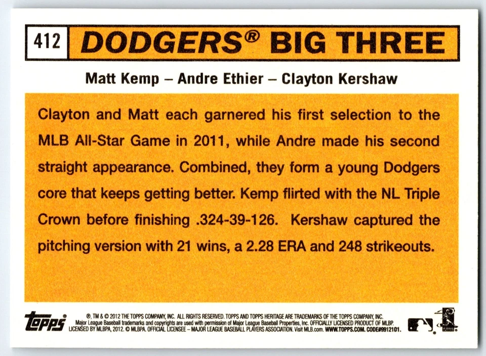 2012 Topps Heritage #412 - Dodgers Big Three (M. Kemp, A. Ethier, C. Kershaw) - Image 2 of 2