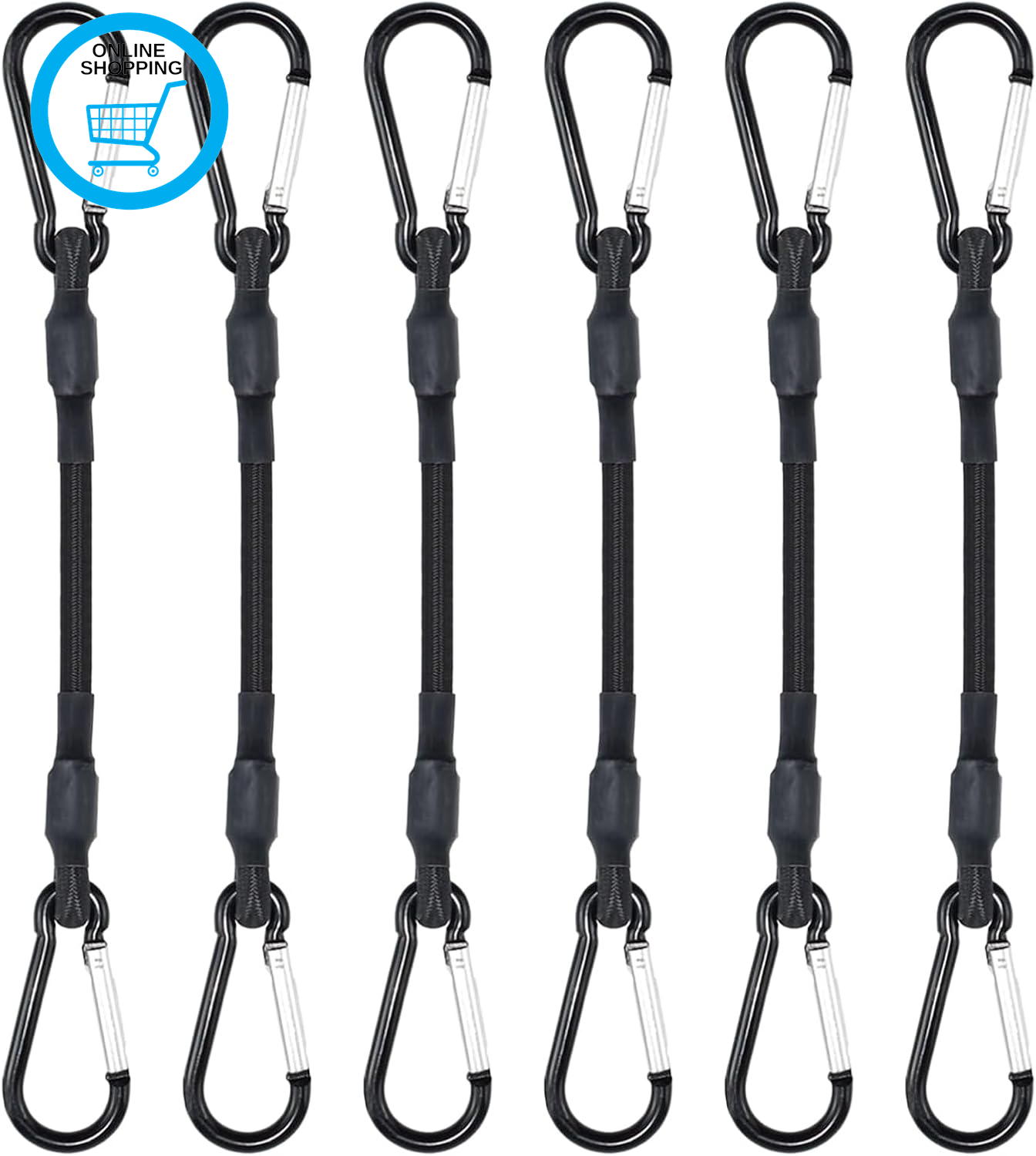 6Pack Bungee Cords with Carabiner Clips,Extra Strong Black Bungee Straps 12Inch,