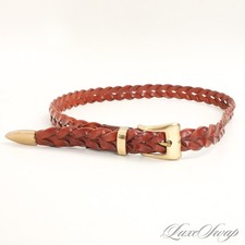 Anonymous Vintage Warm Luggage Brown Acanthus Braided Leather Skinny Belt 35.5