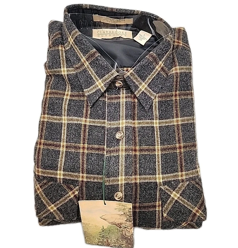 Vtg Claybrooke Outdoor Flannel Shirt Men Large Charcoal Plaid Button Front NWT